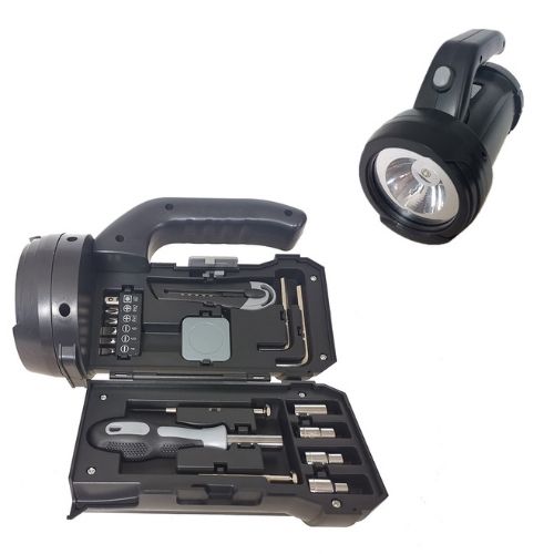 Linterna - con set de herramientas incluido (destornillador con varias puntas, centimetro, trincheta, llaves varias) medidas 20,4 x 10 x 14,4 cm a pila